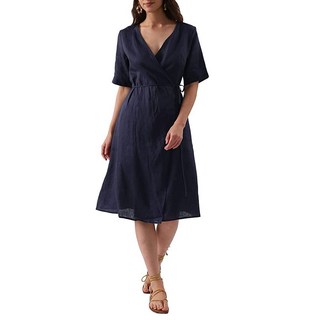 Amazhiyu 여성용 퓨어 리넨 여름 반소매 랩 미디 드레스 포켓 포함 아마 XL 아마