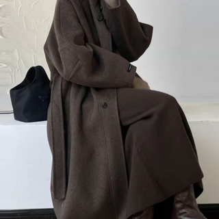 여성 울100 롱코트 핸드메이드 루즈핏 브라운 코트