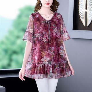 besteffie 여성용 꽃무늬 쉬폰 블라우스 5부 슬리브 봄 여름 빅사이즈 시원한소재 루즈핏 K95
