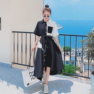 ORZQU 여름 여성 버튼 조임 a라인 셔츠 스커트 캐주얼 무드 언밸런스 원피스