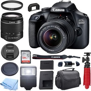 캐논 EOS 4000D DSLR 카메라 EFS 1855mm F3.55.6 III 줌 렌즈 포함 + 케이스 128GB SD 카드 인스파이어 디지털 천 15개 세트 중고품, 캐논 EOS 4000D DSLR 카메라 EFS 1855