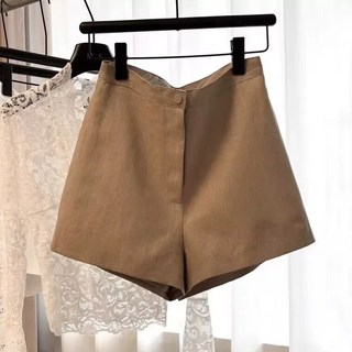 여성 하이 웨스트 a 라인 카키 와이드 레그 숏 팬츠 여름 스타일 캐주얼 바지 폴리 에스터 섬유 버튼 클로저