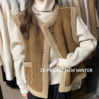 여성용 가을 겨울 무스탕 조끼 캐주얼 여자 램스울 조끼 코트 빈티지 루즈핏 여성 베스트 일체형 도톰 양털 조끼 LCC