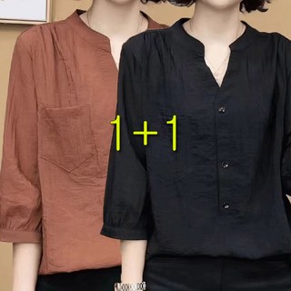ORZQU 1+1 여성용 여름 브이넥 7부소매 블라우스 셔츠 빅 사이즈 오버핏 엄마옷