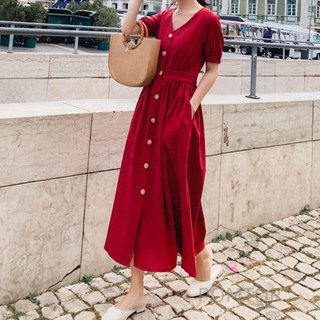 POMTOR 여름 여성 브이넥 허리 조임 버튼 롱원피스 허리끈 체형커버 셔츠원피스