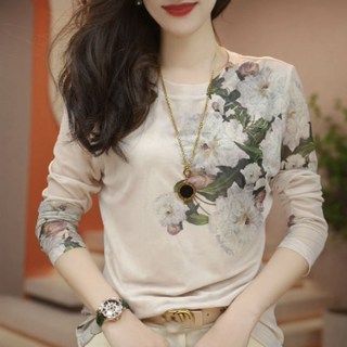 MOSAIRATION 여성 우아한 라운드넥 긴팔티 플라워 프린트 루즈핏 패션 캐주얼 티셔츠 V010622
