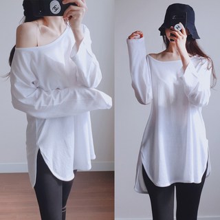 린넨 라운드 트임 긴팔 롱 커버업 티셔츠 비치웨어 TS19537F, 화이트