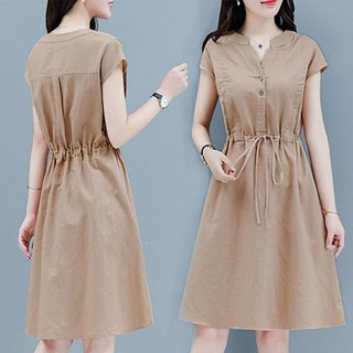 여성 여름 브이넥 반팔셔츠원피스 미디 원피스 허리 스트링 캐주얼 A라인 스커트 슬림핏 면 마 원피스