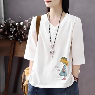 besteffie 7부소매 여성용 여름 브이넥 루즈핏 프린팅 중년여성 빅사이즈 V넥 엄마 칠부 반팔티셔츠 C15