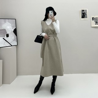 울 브이넥 뷔스티에 벨트 롱 원피스