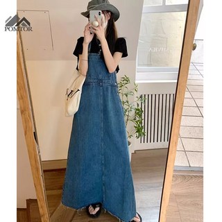 POMTOR 여성 청 A라인 데님 롱 원피스 멜빵 원피스