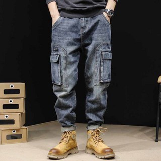 AOKADA 남성 배기 청바지 가을 포켓 카고 데님 팬츠
