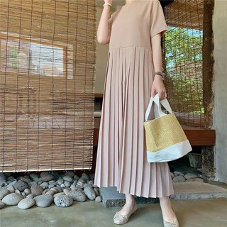 UPPERCUT 여성 빅사이즈 반팔 플리츠 롱원피스 데일리룩 주름 원피스