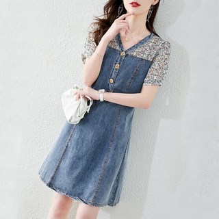 POMTOR 여성 빅사이즈 꽃무늬 반팔 데님 청 롱 원피스