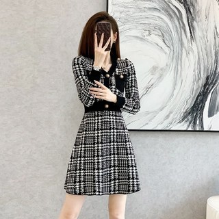 겨울 여성 트위드 미니 원피스 빈티지 봄가을 슬림 이너 니트 원피스 하객룩 여자 미니 긴팔 원피스 LCC