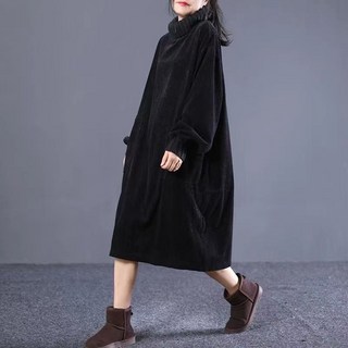 ORZQU 여성 가을 빅사이즈 터틀넥 풀오버 스커트 코듀로이 루즈핏 미디 원피스