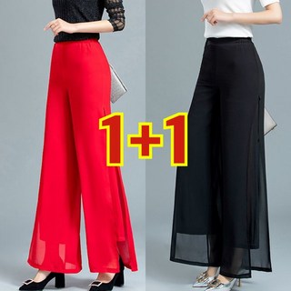(완전 편한) 날씬해보이는 여성 빅사이즈 쉬폰 옆트임 슬렉스 팬츠 1+1 봄 여름 핏 예쁜 우아한 트임 슬렉스 큰옷 여성의류 말라보이는 시스루 하객룩 허리 밴딩 부추컷 긴바지