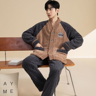 Lumi 따뜻한 프리미엄 극세사 남성 겨울 홈웨어 상하의 파자마 수면잠옷 기모 잠옷