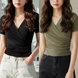 클라민 여성 브이넥 반팔 랩 티셔츠 1+1
