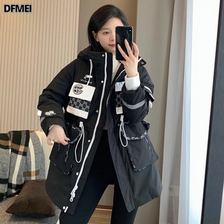 DFMEI 겨울 90 화이트 구스다운 스트링 노화 패치 카고 후드 패딩 여자 코트