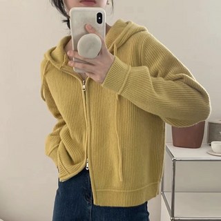 BIKASU 여자 가을 골지 니트 가디건 캐주얼룩 루즈핏 베이직 후드집업 아우터