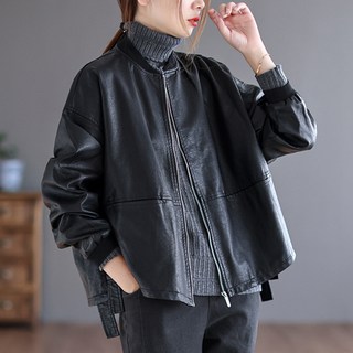지디오 여성 가죽 집업 점퍼 라이더 자켓 노카라 포켓 긴팔 레더 재킷 아우터