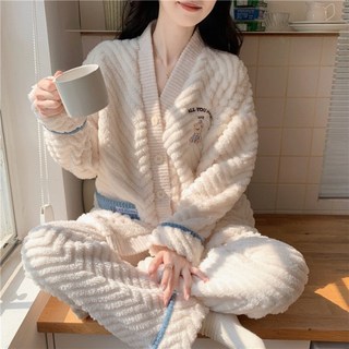 ANYOU 여성 귀여운 보온보온 베어 극세사 잠옷 포켓 루즈핏 수면잠옷 홈웨어 세트