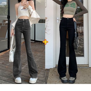 1+1 춘추 캐주얼 팬츠 여성 봄가을 세미부츠 청바지 패션 슬림핏 스판 나팔바지 하이웨스트 바지 SJS