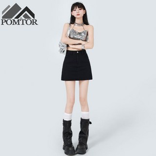 POMTOR 여성 여름 데님 스커트 하이웨스트 심플 A라인 스커트