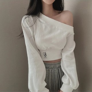 봄가을 시즌 비대칭 여성 오프숄더비스듬한넥 허리 조임 슬림핏 크롭 긴팔 후드티 크롭티 슬림핏 홀터넥 날씬핏 레터링 원숄더 어깨 맨투맨 데일리 셔링 트임 언밸런스