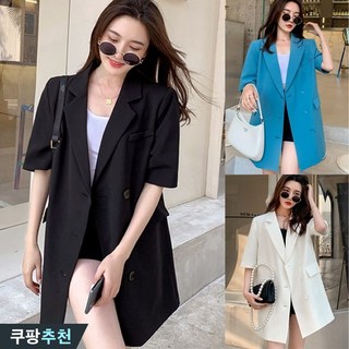 (대박난) 150kg까지 빅사이즈 여성 얇은 반팔 하프 코트 여름 편한 캐주얼 양복 오피스룩 루즈핏 로엠 오버핏 심플 단추 브랜드 상의 클래식 순색 4xl 간절기 자켓