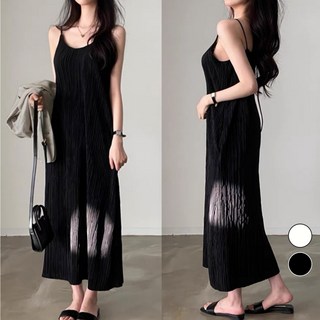 핏몬 여성 여름 구김없는 플리츠 끈 나시 롱 원피스