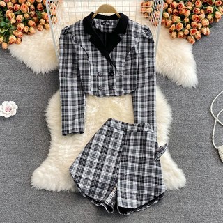 패션 정장 여성 202 가을 새로운 우아한 슬리밍 버블 소매 격자 무늬 정장 재킷 높은 허리 반바지 투피스 정장