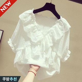 (브랜드 추천) 빅사이즈 여성 프렌치 브이넥 프릴 레이스 패치워크 블라우스 여름 편한 레이어드 고급 모던 예쁜 우아한 데일리 캐주얼 반팔 시원한 아이보리 하객룩 브라우스