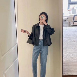 Beyond Nice 블랙 베이직 무광 숏카라 루즈핏 가오리핏 버튼 레자 데일리 가죽 라이더 자켓