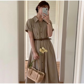 루어스룸 헤이즐 여름 클래식 코튼 반팔 카라 셔츠 벨트 버튼 단추 플레어 A라인 하객룩 롱 원피스