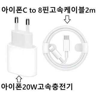 로랜텍 아이폰 20W 고속충전기 + C to 8핀 고속케이블 2m 세트, 화이트, 1개