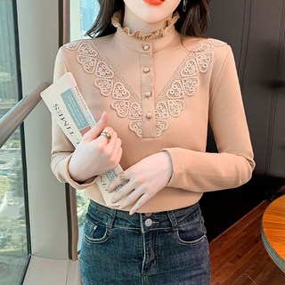 ROYALBELLE 여성 기모 하프넥 긴팔 티셔츠 따뜻한 슬림핏 베이직 블라우스 D0120812