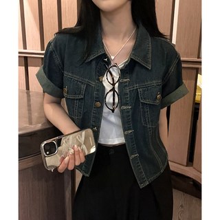 [당일출고/여름자켓]데님 세미크롭 반팔 청자켓[빈티지옷 Y2K 오버핏 진청중청 생지 워싱 카라흑청셔츠 남방 빅사이즈 얇은아우터 팔뚝반팔티 살안타템 파란색 흠뻑쇼 워터밤]DX01