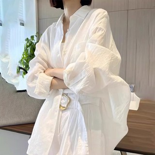 AOKADA 여름 얇은 여성셔츠 오버핏 자외선 블라우스 베이직 린넨 셔츠