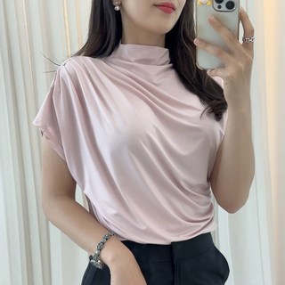 쿨링 셔링 얇은 반팔 여름 반목 폴라티 드레이프 폴라 티셔츠 블라우스