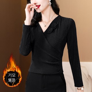 춘게엘 (XL~6XL) 여성 겨울 빅사이즈 스판 망사 기모 블라우스 긴팔 셔츠 브이넥 기질 상의 dng608