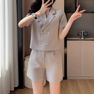 여성 여름 정장풍 투피스 반팔 자켓 하이웨스트 반바지 세트