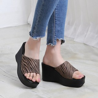 이에스슈즈 SH-333 통굽 - 국내생산 8.5cm 키높이 통굽슬리퍼 스웨이드 지브라 여성슬리퍼