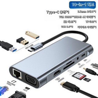 (저스트) Hub X 다기능 4K 고화질 화면프로 포트 USB3.0 Expander D16, 고급 10-in-1 Typec+HDMI 4K30Hz, 0.13m