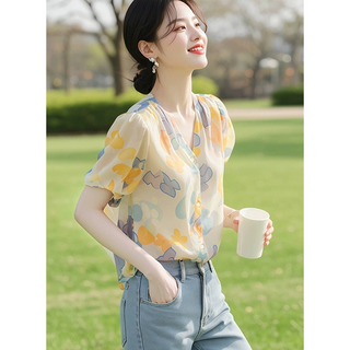 퍼프소매 플라워 데일리룩블라우스 플라워프린트 주크블라우스