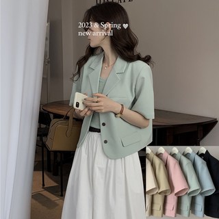 제이엠스타일 [6컬러/44~66] 여성 여름 카라 반팔 자켓 썸머 쿨 여자 심플 정장 숏 쟈켓 크롭 재킷 반소매 아우터 하객룩 출근룩