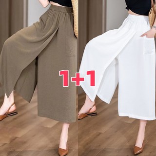 라부라카 여름 여자 밴딩슬랙스 7부 와이드팬츠 편한 통 바지 오버핏 치마바지 슬랙스 바지 빅사이즈 KS63