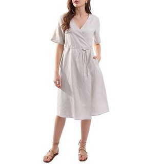 Amazhiyu 여성용 퓨어 리넨 여름 반소매 랩 미디 드레스 포켓 포함 아마 XL 아마
