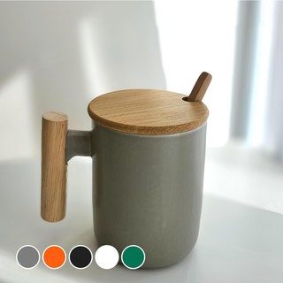 제이제이 라운드 우드 고급 머그컵 380ml + 뚜껑 세트, 그레이, 1개